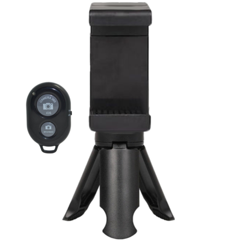 Mini trepiezi - Kit suport smartphone cu mini trepied de birou 8.5 cm si telecomanda bluetooth, prindere automata 5.5–8 cm, montura 1/4 inch