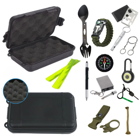 Kit supravietuire complet outdoor 14 accesorii multifunctionale cu 2 benzi reflectorizante cutie etansa ABS IP54 18x11x5 cm camping urgente