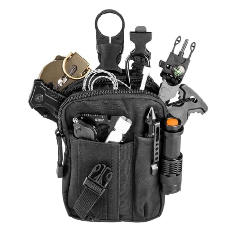 SPORT ȘI ACTIVITĂȚI - Kit supravietuire multifunctional 14 in 1 pentru camping si outdoor, cu lanterna, cutit pliabil, busola, bratara paracord si accesorii tactice