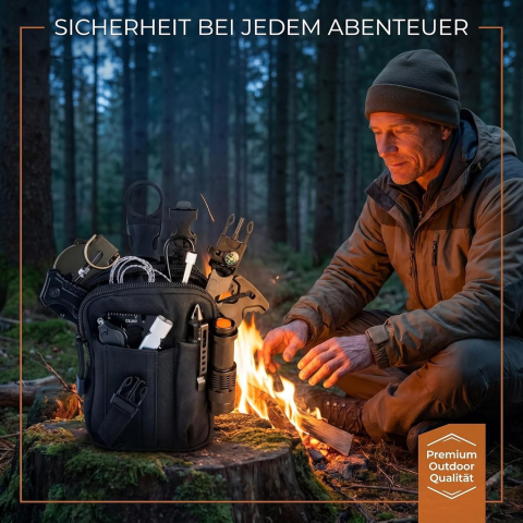 Kit supravietuire multifunctional 14 in 1 pentru camping si outdoor, cu lanterna, cutit pliabil, busola, bratara paracord si accesorii tactice [1]