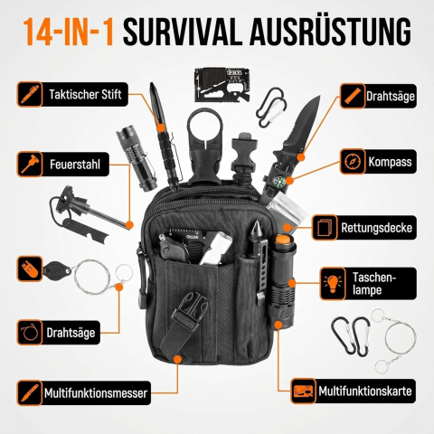 Kit supravietuire multifunctional 14 in 1 pentru camping si outdoor, cu lanterna, cutit pliabil, busola, bratara paracord si accesorii tactice [2]