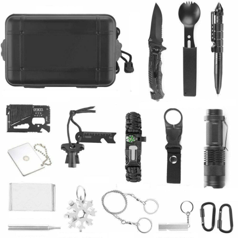 Kit supravietuire multifunctional camping si urgente, trusa compacta cu busola, lanterna, amnar, card unealta, paracord si accesorii outdoor [4]