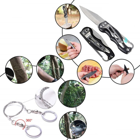 Kit supravietuire multifunctional camping si urgente, trusa compacta cu busola, lanterna, amnar, card unealta, paracord si accesorii outdoor [7]