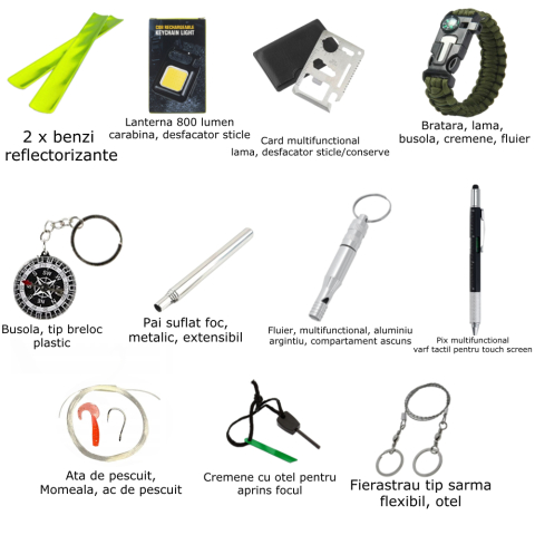 Kit supravietuire multifunctional outdoor 14 accesorii cutie etansa ABS 18x11x5 cm IP54 negru camping urgente [1]