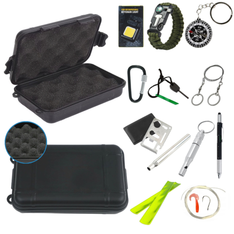 SPORT ȘI ACTIVITĂȚI - Kit supravietuire multifunctional outdoor 14 accesorii cutie etansa ABS 18x11x5 cm IP54 negru camping urgente