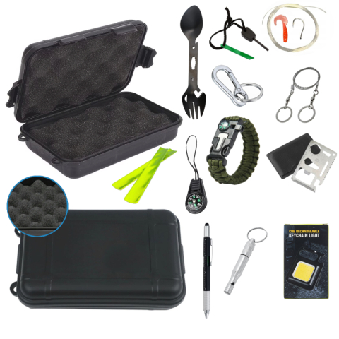 SPORT ȘI ACTIVITĂȚI - Kit supravietuire multifunctional outdoor Marime M 14 accesorii cutie etansa ABS IP54 negru camping urgente