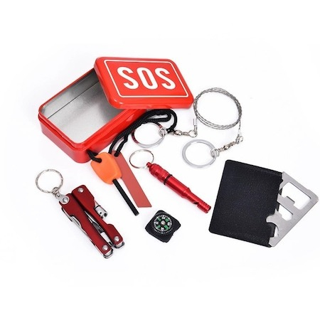 Pescuit - Kit supravietuire SOS 7in1, toate accesoriile necesare intr o cutie metalica - Rosu