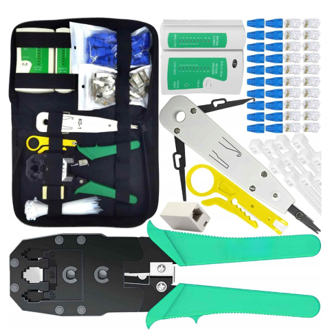 Kit tester cabluri de retea negru 146 piese, trusa sertizare RJ45 RJ11 RJ12, tester cabluri Ethernet, cleste sertizare, accesorii complete in husa [12]