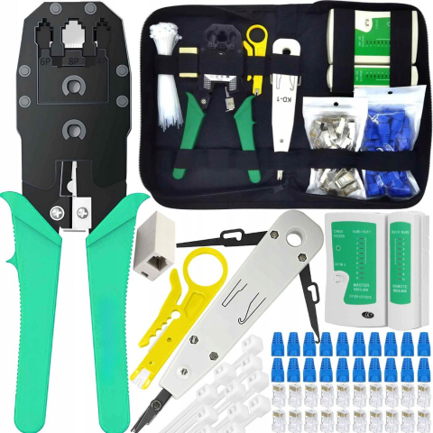 ELECTRONICE - Kit tester cabluri de retea negru 146 piese, trusa sertizare RJ45 RJ11 RJ12, tester cabluri Ethernet, cleste sertizare, accesorii complete in husa