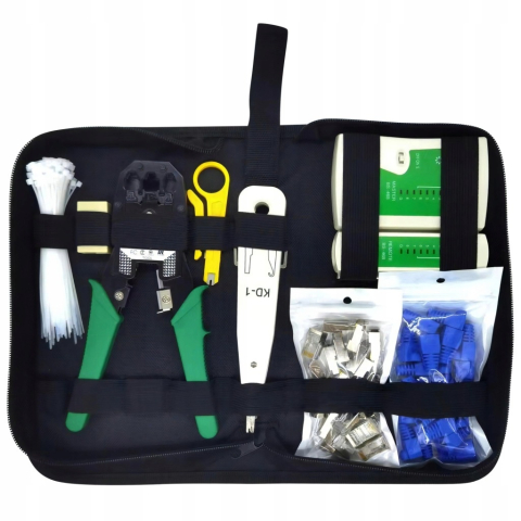Kit tester cabluri de retea negru 146 piese, trusa sertizare RJ45 RJ11 RJ12, tester cabluri Ethernet, cleste sertizare, accesorii complete in husa [2]