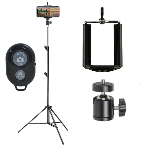 ECHIPAMENTE FOTO - Kit trepied profesional 180 cm aluminiu cu cap bila metalic 360° si suport telefon 5–8 cm + telecomanda bluetooth, filet 1/4, stabil max 3 kg