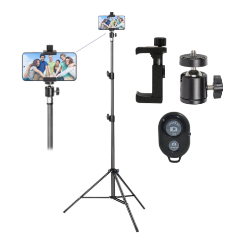 ECHIPAMENTE FOTO - Kit universal pentru fotografie si filmari cu telefon, trepied reglabil 200 cm, brat flexibil cu cap bila, suport telefon cu prindere prin surub, telecomanda Bluetooth
