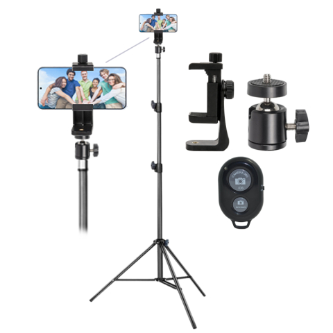 ECHIPAMENTE FOTO - Kit universal pentru fotografie si filmari cu telefon, trepied reglabil 200 cm, brat flexibil cu cap bila, suport telefon rotativ portret/landscape, telecomanda Bluetooth