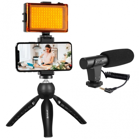 Echipamente vlogging - Kit vlogging complet pentru telefon, camera, mini panou LED, trepied filet 1/4, suport telefon si microfon cu patina