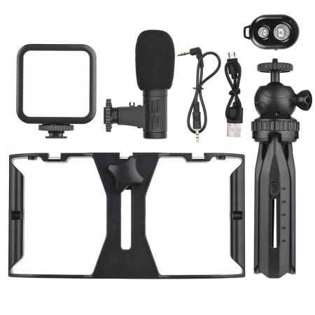 Kit vlogging profesional,trepied,suport telefon,microfon,mini panou LED + telecomanda Bluetooth - Andoer [2]