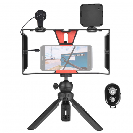 Echipamente vlogging - Kit vlogging profesional,trepied,suport telefon,microfon,mini panou LED + telecomanda Bluetooth - Andoer