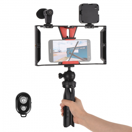 Kit vlogging profesional,trepied,suport telefon,microfon,mini panou LED + telecomanda Bluetooth - Andoer [1]
