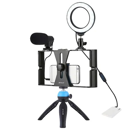 Echipamente vlogging - Kit vlogging profesional,trepied,suport telefon,microfon,mini ring light LED