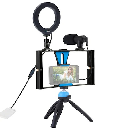 Kit vlogging profesional,trepied,suport telefon,microfon,mini ring light LED [1]