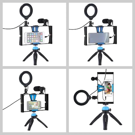 Kit vlogging profesional,trepied,suport telefon,microfon,mini ring light LED [3]