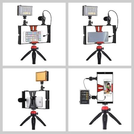 Kit vlogging profesional,trepied,suport telefon,microfon,mini panou LED [2]