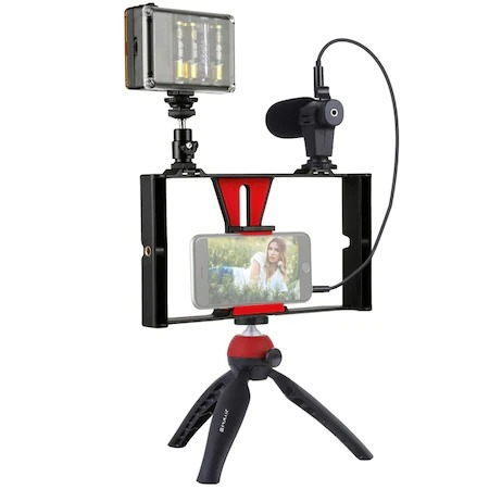 Echipamente vlogging - Kit vlogging profesional,trepied,suport telefon,microfon,mini panou LED