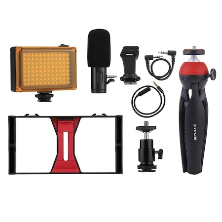 Kit vlogging profesional,trepied,suport telefon,microfon,mini panou LED [1]