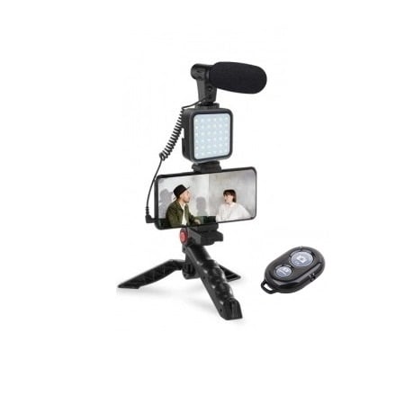 Echipamente vlogging - Kit profesional pentru vlogging,trepied,suport telefon,microfon,mini panou LED + telecomanda Bluetooth