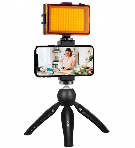 Echipamente vlogging - Kit vlogging pentru telefon, camera, mini panou LED inclus, trepied filet 1/4 si suport telefon cu patina