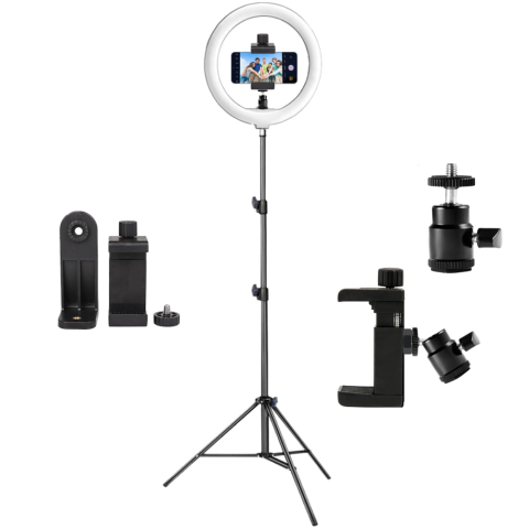 Kit vlogging pentru telefon cu trepied reglabil pana la 200 cm, ring light LED cu telecomanda, suport telefon rotativ 360° si brat metalic cu hot shoe