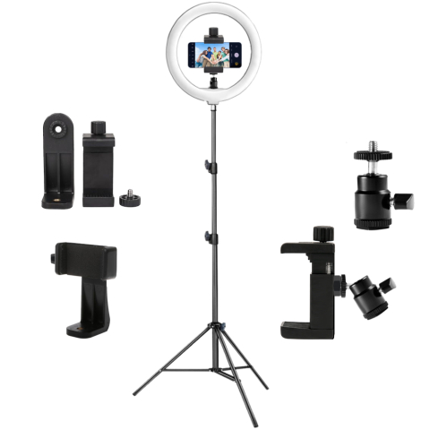 ECHIPAMENTE FOTO - Kit vlogging pentru telefon cu trepied reglabil pana la 200 cm, ring light LED cu telecomanda, suport telefon rotativ 360° si brat metalic cu hot shoe