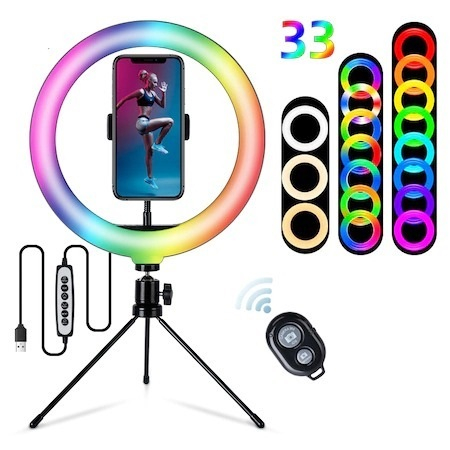 Ring Light - Lampa circulara LED 26 cm diametru RGB,mini trepied + telecomanda bluetooth pentru telefon