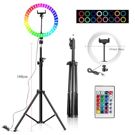 ECHIPAMENTE FOTO - Lampa circulara LED,diametru 26 cm RGB,trepied 160 cm,cap bila 360 grade,telecomanda control