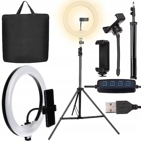 Ring Light - Lampa circulara LED, 30 cm diametru,trepied 160 cm,2 suporti de telefon si geanta transport
