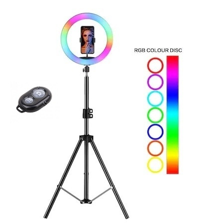 Ring Light - Lampa circulara RGB - LED, 56 cm cu trepied 200 cm si telecomanda bluetooth pentru telefon