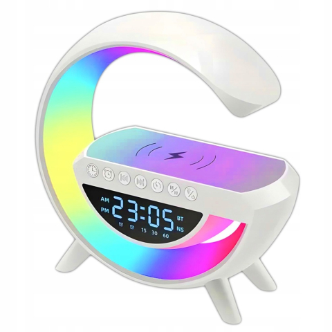 ELECTRONICE - Lampa ambientala LED RGB 23.8 x 23.5 x 8 cm, incarcare wireless Qi 15W, difuzor Bluetooth, radio FM, ceas digital si alarma, 7 efecte luminoase