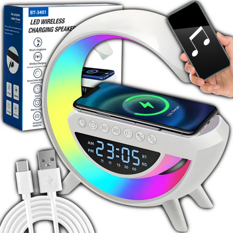 Lampa ambientala LED RGB 23.8 x 23.5 x 8 cm, incarcare wireless Qi 15W, difuzor Bluetooth, radio FM, ceas digital si alarma, 7 efecte luminoase [3]