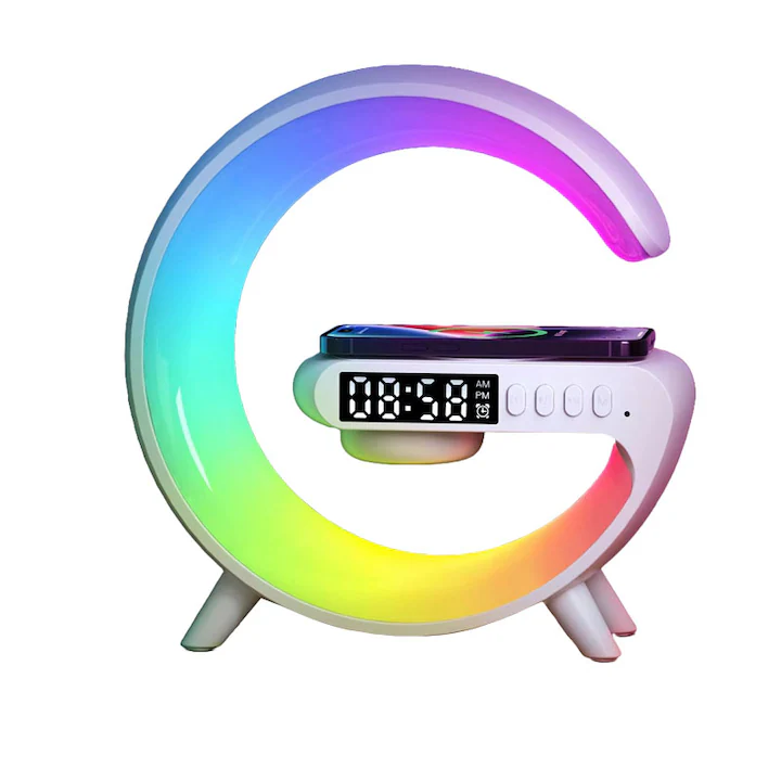 Lampa ambientala LED RGB alba, 24 x 23 x 8 cm, incarcare wireless Qi 15W, difuzor Bluetooth 5W, radio FM, ceas digital, alarma, lumina de veghe cu 7 culori [7]