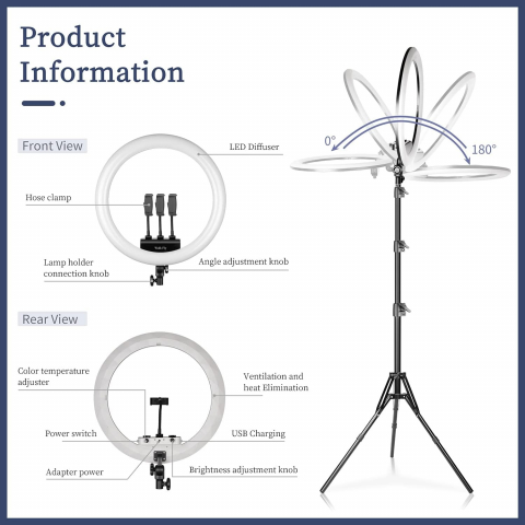 Lampa circulara 46 cm diametru, putere 50W, telecomanda inclusa, 3 suporti de telefon si geanta de transport [2]