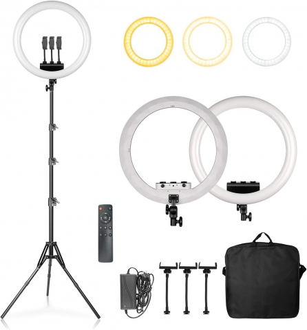 Ring Light - Lampa circulara 46 cm diametru, putere 50W, telecomanda inclusa, 3 suporti de telefon si geanta de transport