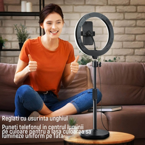 Lampa circulara LED, ring light 26 cm, cap bila 360 grade, trepied cu talpa si filet universal 1/4 inclus [3]