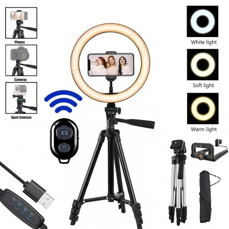 Ring Light - Lampa circulara LED 26 cm diametru,trepied foto universal filet 1/4 inaltime 133 cm + telecomanda bluetooth