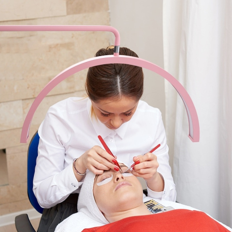 Lampa cosmetica LED, tip semiluna, 40 W, 2500 lm, 320 LED-uri, lumina calda/rece/neutra, inaltime 139-184 cm, roz [11]