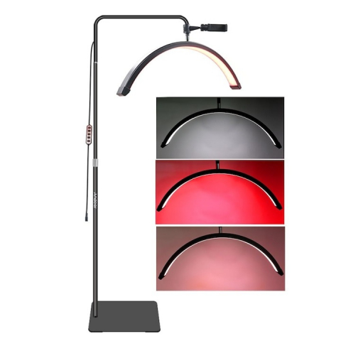 Ring Light - Lampa cosmetica profesionala Bi Color alb, rosu, Semiluna 238 LED, inaltime maxima 180 cm, suport telefon inclus - Negru