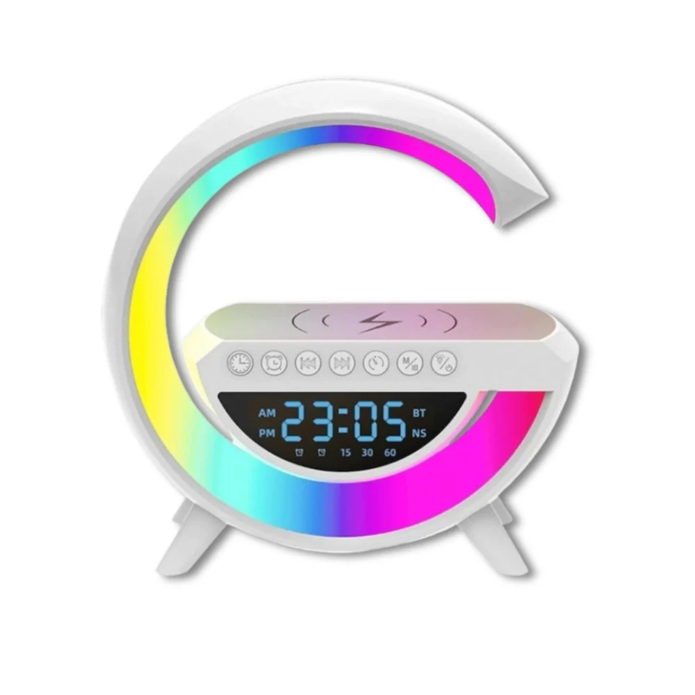 ELECTRONICE - Lampa de birou multifunctionala LED RGB, alba, cu incarcare wireless Qi, boxa Bluetooth, radio FM, ceas digital, alarma, USB, AUX si slot microSD