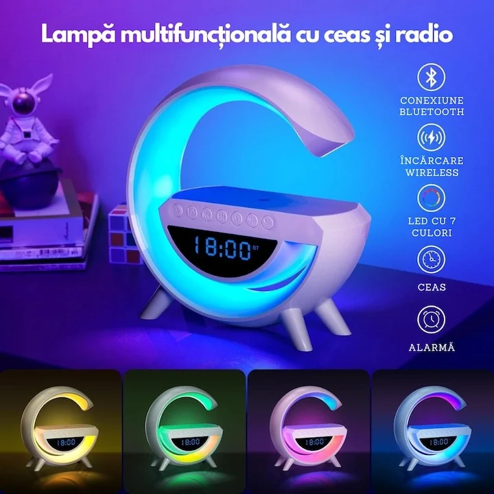 Lampa de birou multifunctionala LED RGB, alba, cu incarcare wireless Qi, boxa Bluetooth, radio FM, ceas digital, alarma, USB, AUX si slot microSD [3]