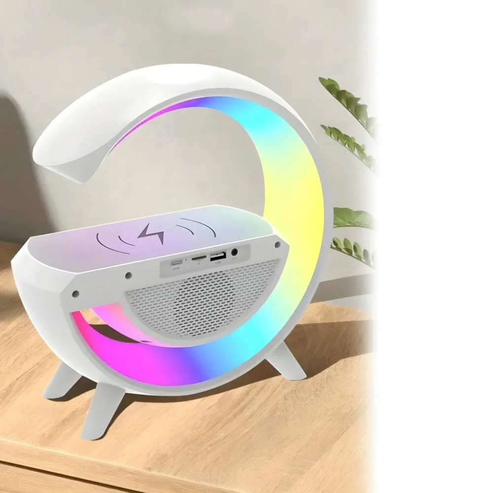 Lampa de birou multifunctionala LED RGB, alba, cu incarcare wireless Qi, boxa Bluetooth, radio FM, ceas digital, alarma, USB, AUX si slot microSD [2]