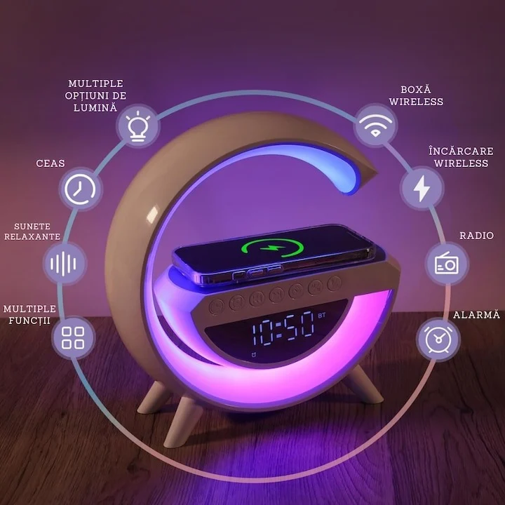 Lampa de birou multifunctionala LED RGB, alba, cu incarcare wireless Qi, boxa Bluetooth, radio FM, ceas digital, alarma, USB, AUX si slot microSD [4]
