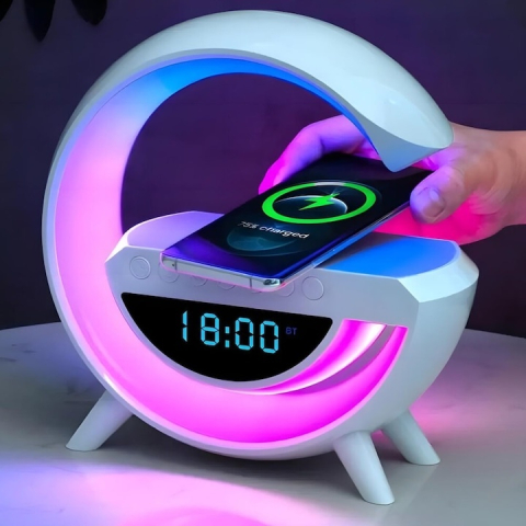 Lampa de veghe LED multifunctionala, cu radio, ceas, alarma, Bluetooth, incarcare wireless QI, RGB, USB-C, 23.8x23.5x8 cm, alb [9]