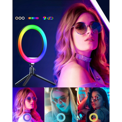 Lampa inelara LED RGB 26 cm cu doua trepiede, suport telefon si telecomanda, iluminare reglabila, inaltime 220 cm, USB 5V [3]